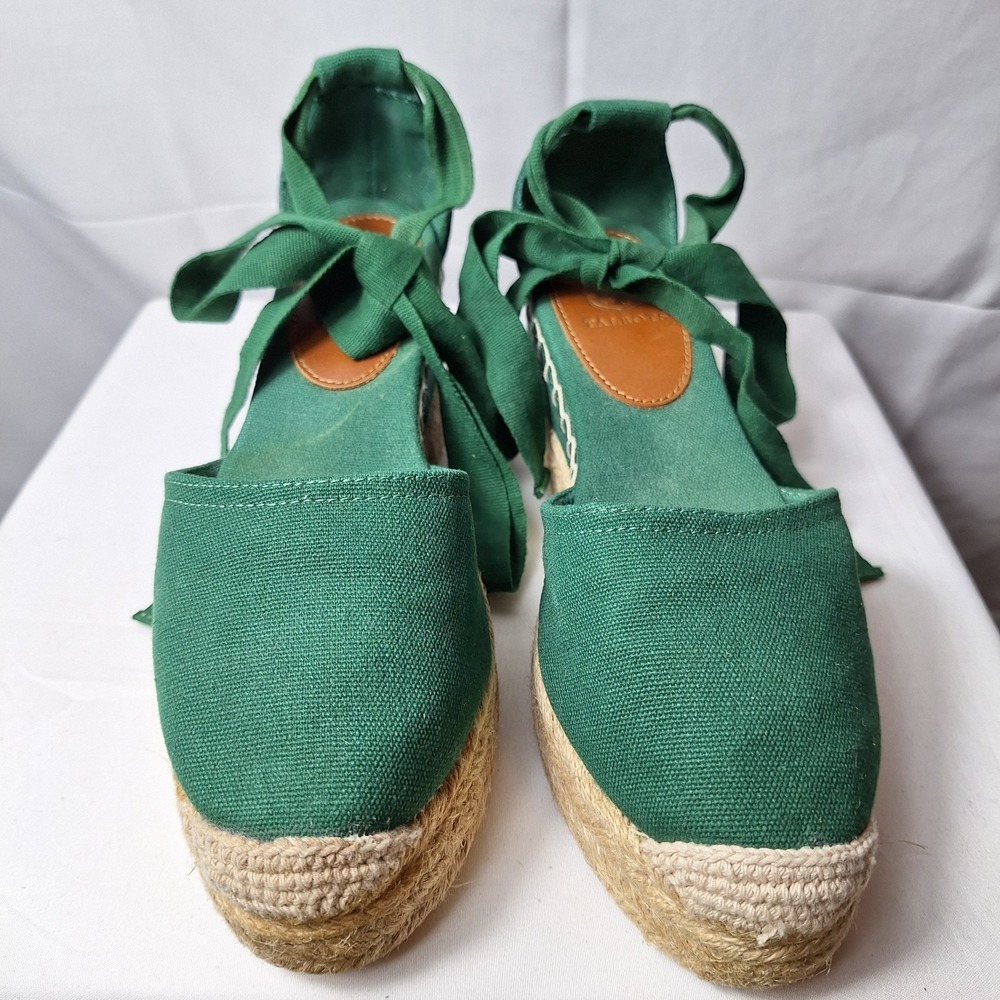 TALBOTS Izzy d'Orsay Tie-Ankle Espadrille Wedge Sz 7.5 Green Canvas Coastal Beac - Picture 2 of 10
